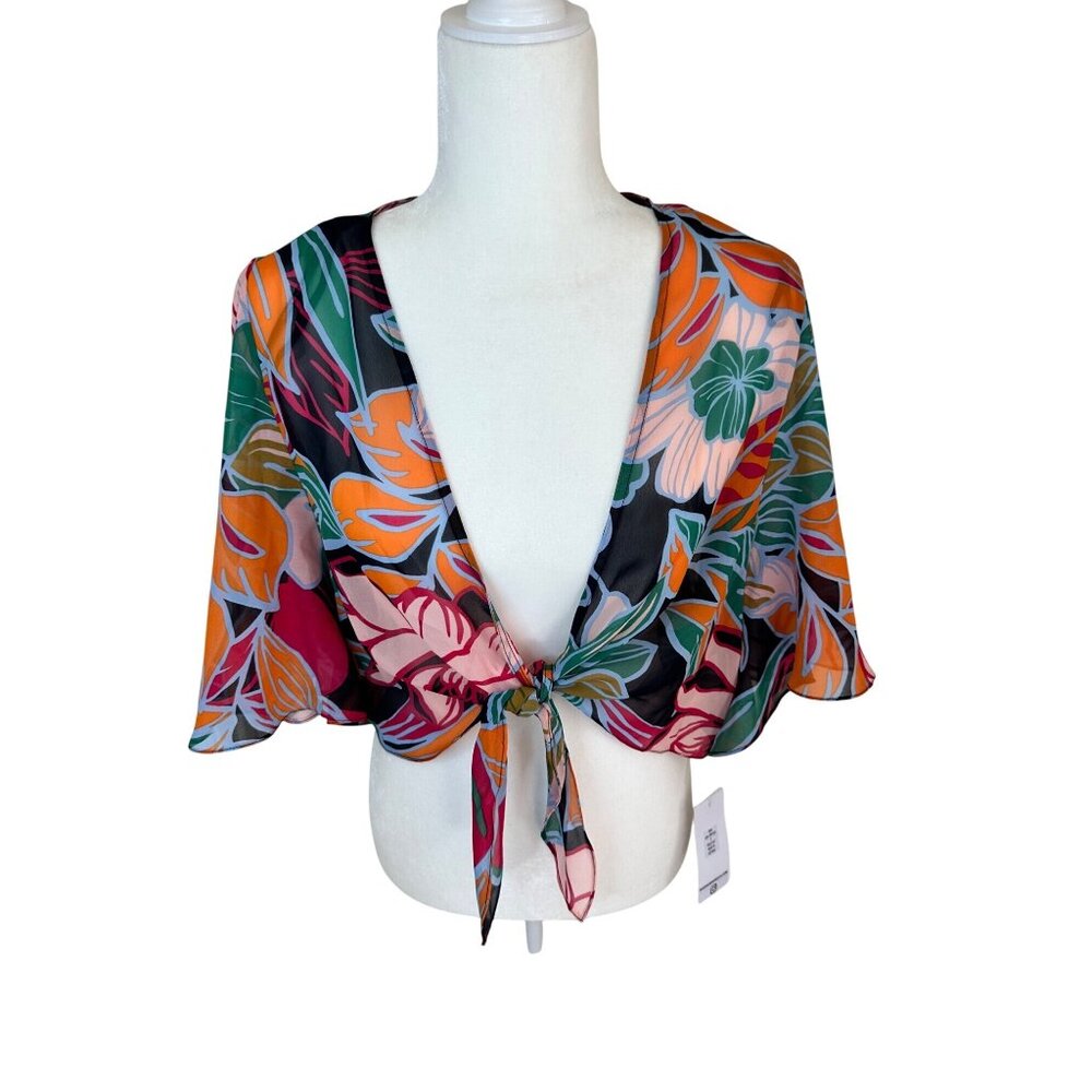 Floral Pink Orange Tie-Front Sheer Cropped Top Size 8 By Donna Ricco New York